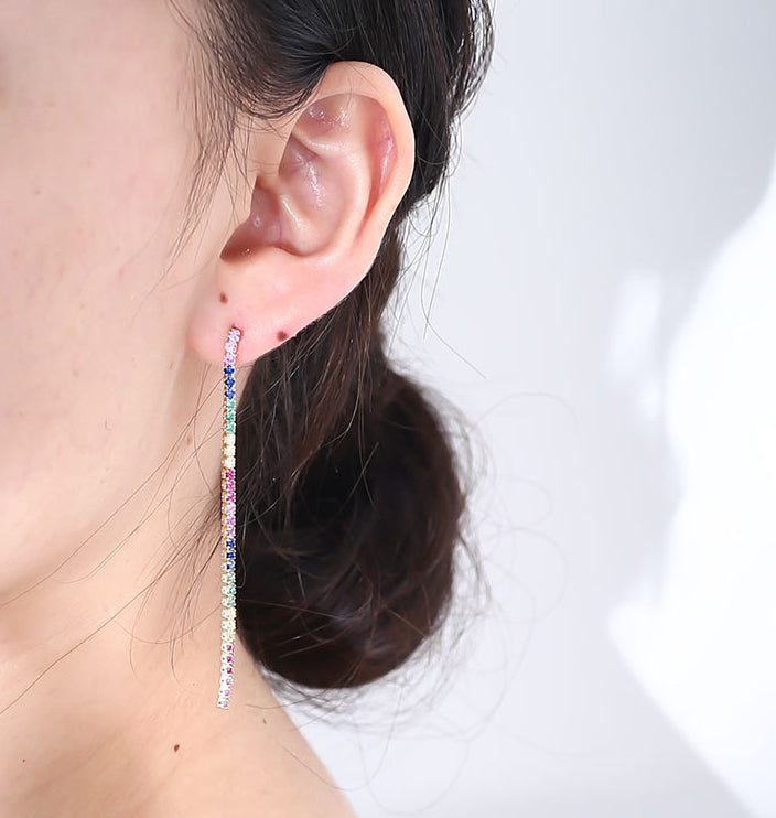 Long Tassel with Colourful Zircon Silver Drop Earrings for Women