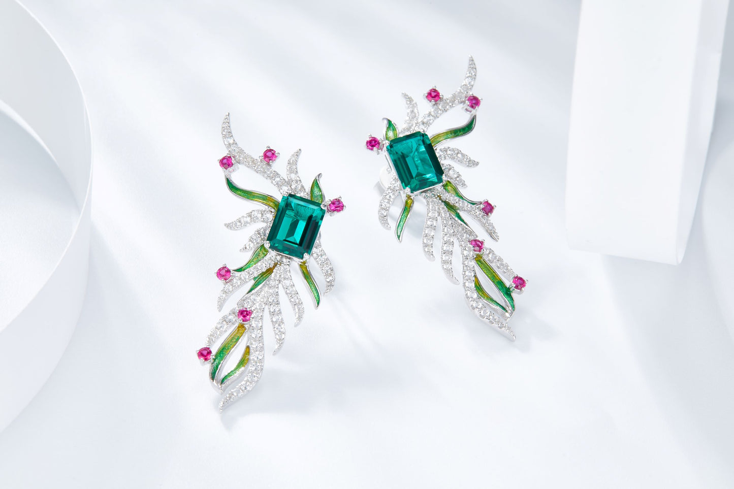 Emerald Colour Phoenix Wings Enamel Silver Drop Earrings for Women