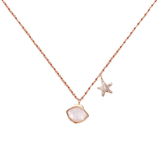 Mother of Pearl Shell with Zircon Star Silver Necklace for Women