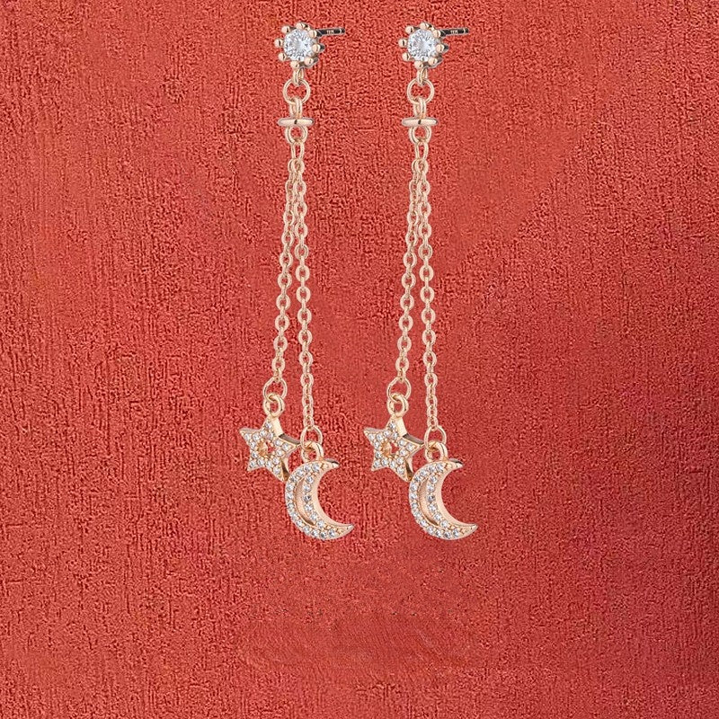 Fringed Zircon Star Moon Long Silver Drop Earrings for Women