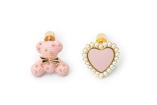 Bear and Heart Studs - Pink Studs for Women