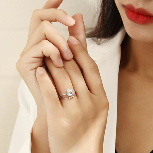 Round Zircon Soleste Halo Double Layer Silver Ring