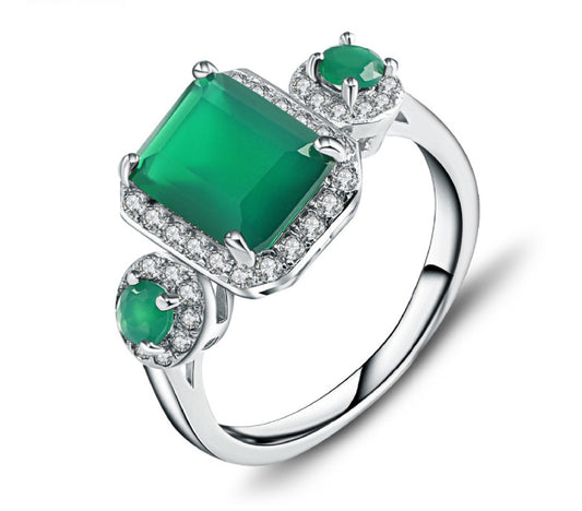 Natural Green Agate Personalized Emerald Shape Soleste Halo Sterling Silver Ring for Women