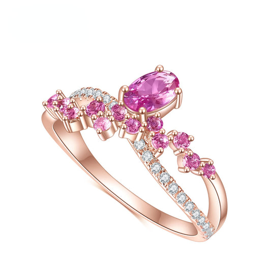 Luxury Fashion Design Gold Colour Inlaid Pink Corundum and Black Zircon Sterling Silver Ring for Women