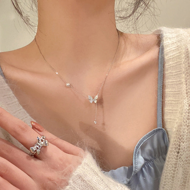 Zircon Butterfly with Bead Pearl Silver Necklace for Women