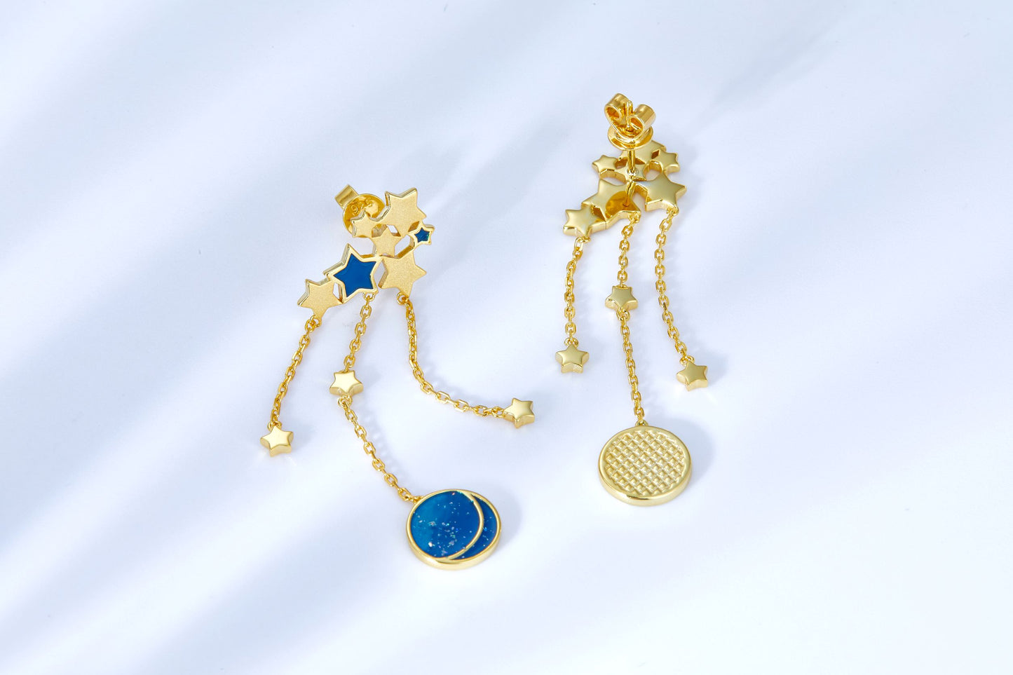 Blue & Golden Moon Star Enamel Dopr Earrings for Women