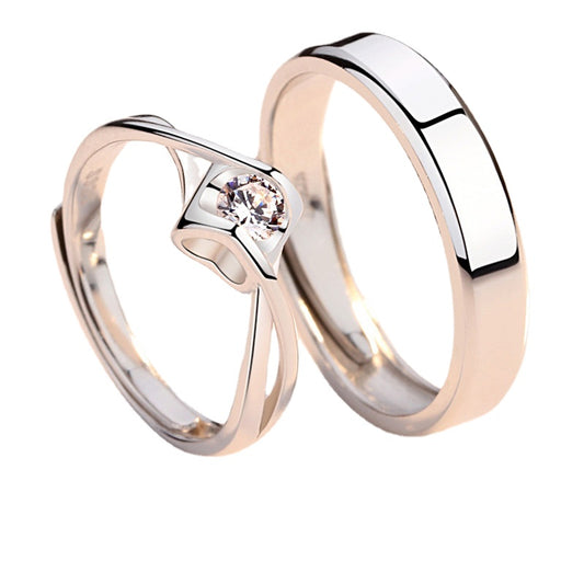 Two Colour Heart with Zircon Silver Couple Ring