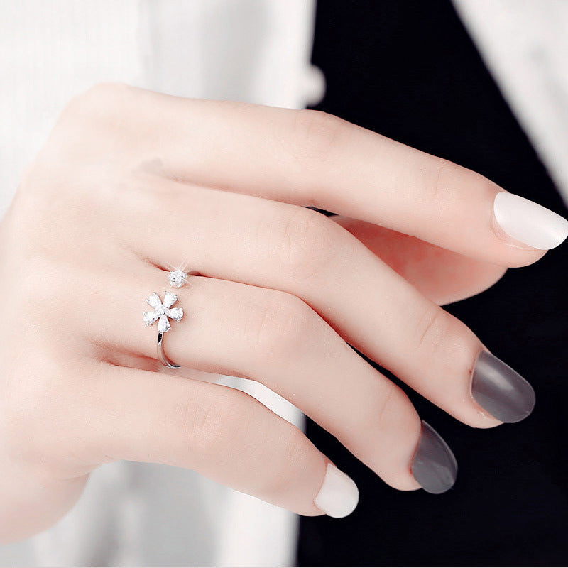 Opening Design Zircon Flowers Silver Ring for Women