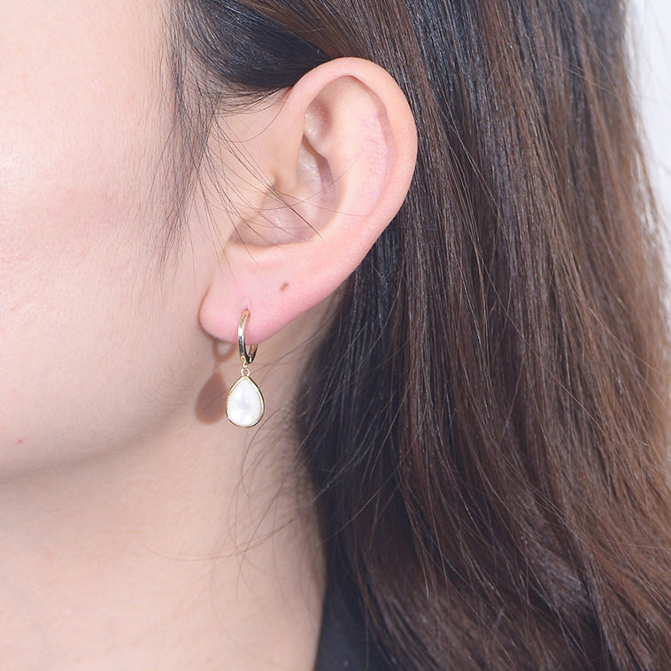 Water Drop Natural Mother of Pearl Pendant Silver Hoop Earrings for Women