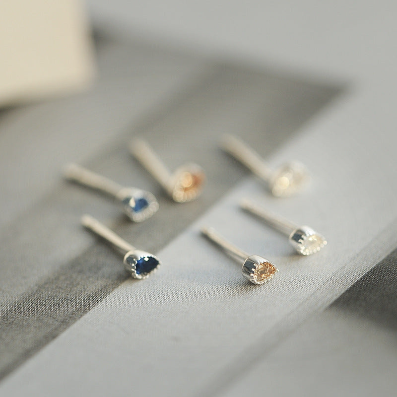 Mini Colourful Water Drops Zircon Silver Stud Earrings for Women