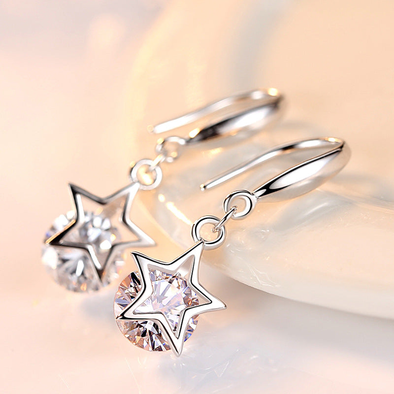 Star with Round Zircon Silver Drop Earrings for Women