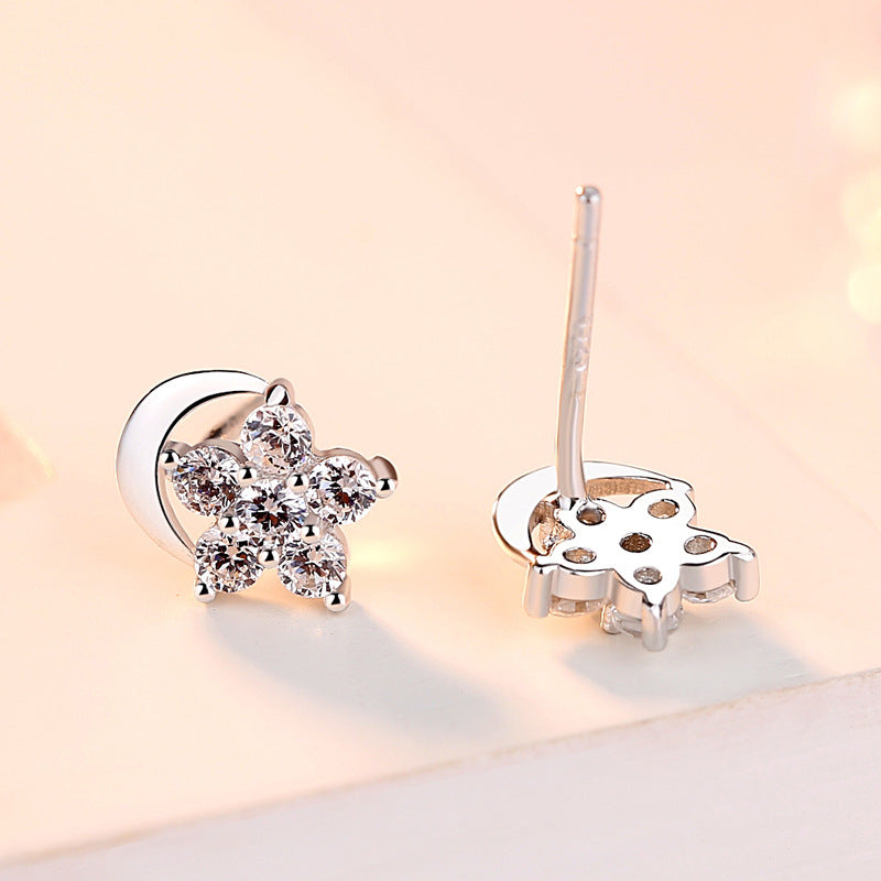 Moon and Zircon Star Silver Studs Earrings for Women