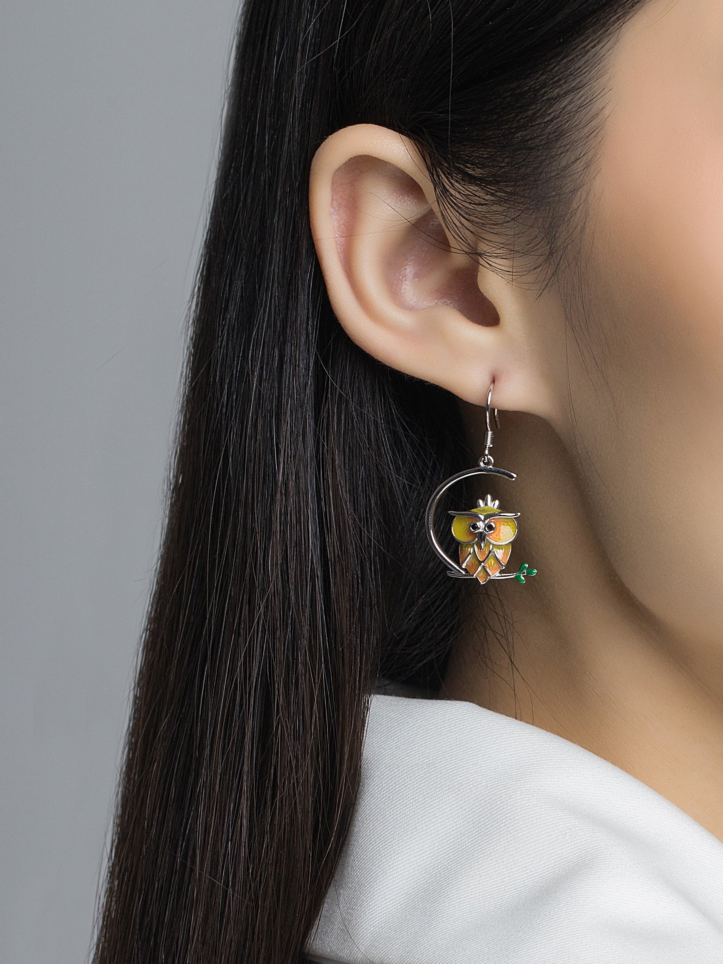(Three Colours) Owl Enamel Silver Drop Earrings for Women