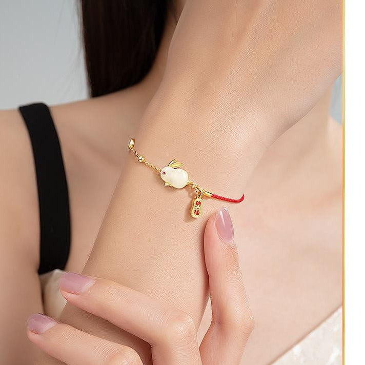 Nephrite Rabbit Silver Bracelet with Red Rope for Women