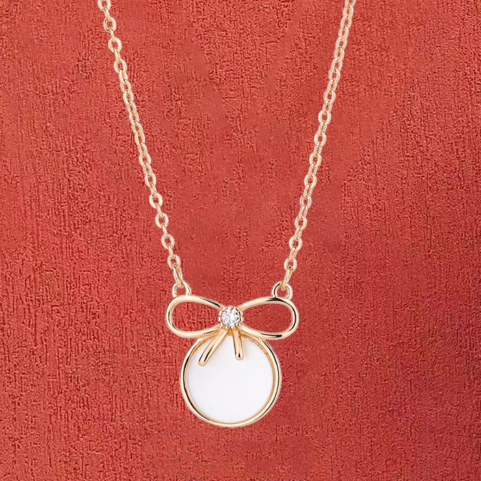 Bow with Mother of Pearl Circle Pendant Silver Necklace for Women
