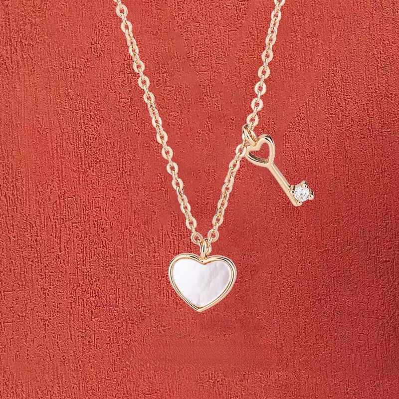 Mother of Pearl Heart Pendant with Key Silver Necklace for Women