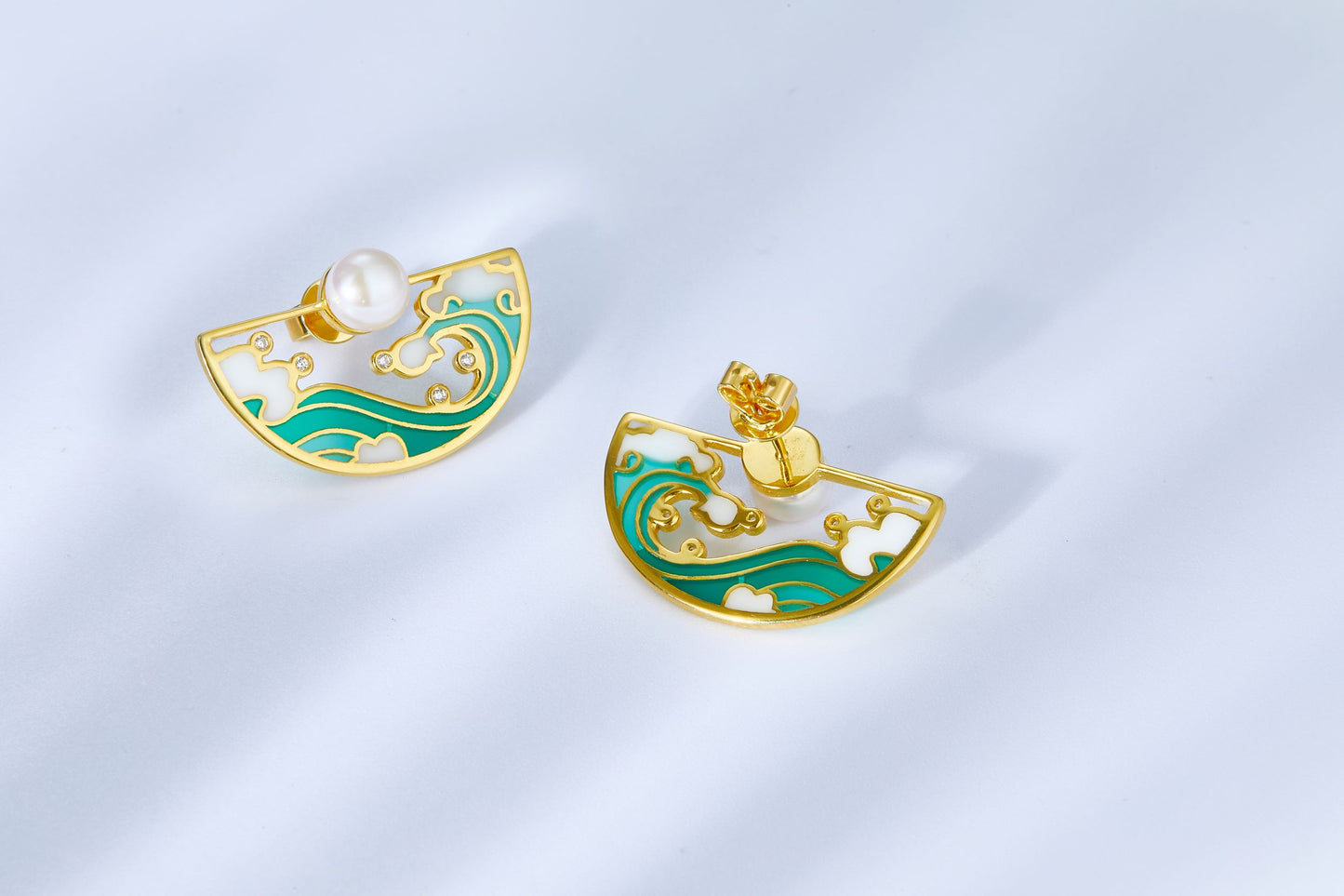 (Two Colours) Tidal Water Enamel with Pearl Golden Studs Earrings for Women