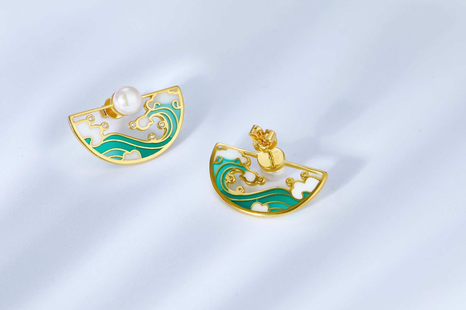 (Two Colours) Tidal Water Enamel with Pearl Golden Studs Earrings for Women