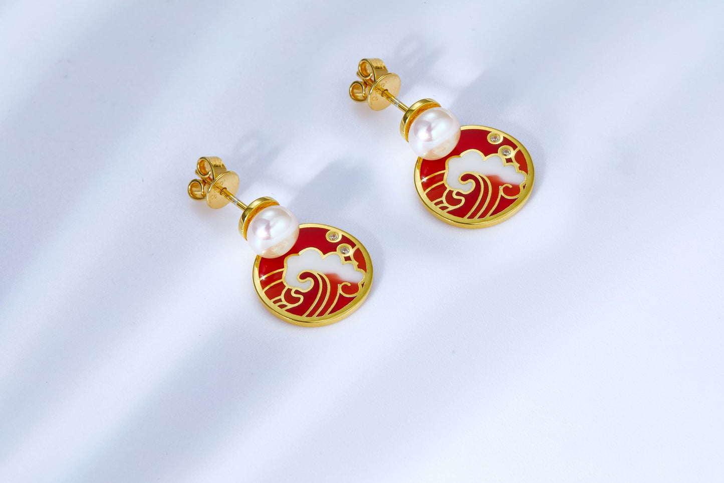 (Two Colours) Tidal Water Enamel with Pearl Golden Drop Earrings for Women