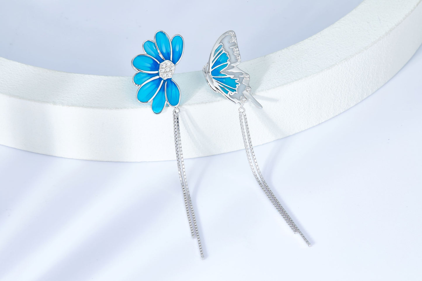 Blue Flower and Butterfly Enamel Silver Drop Earrings for Women