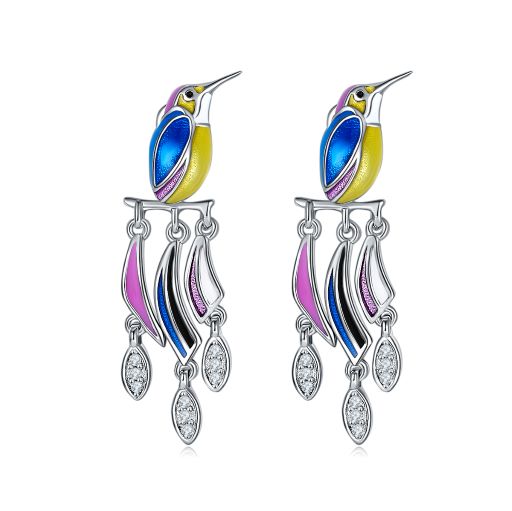Colourful Tiger Hummingbird Enamel Silver Earrings for Women