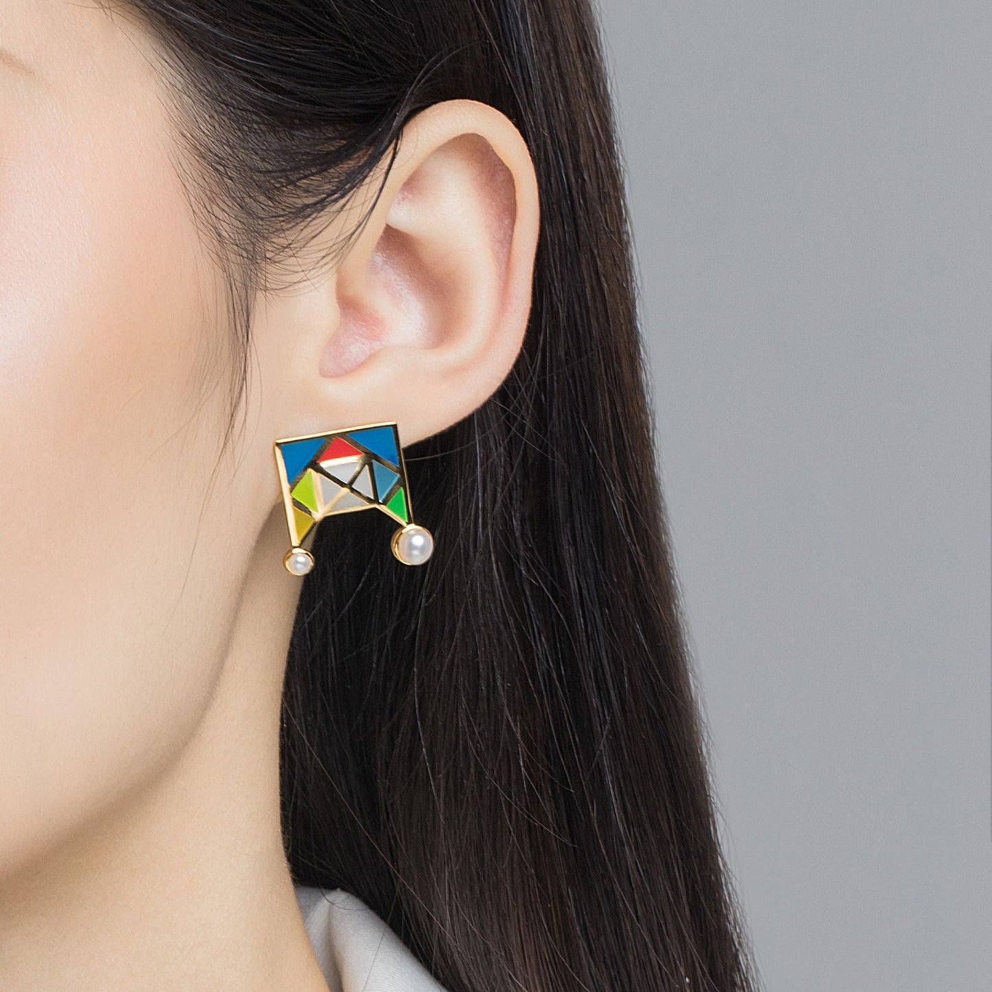 Colourful Paris Flower Window Enamel with Pearl Studs Earrings for Women