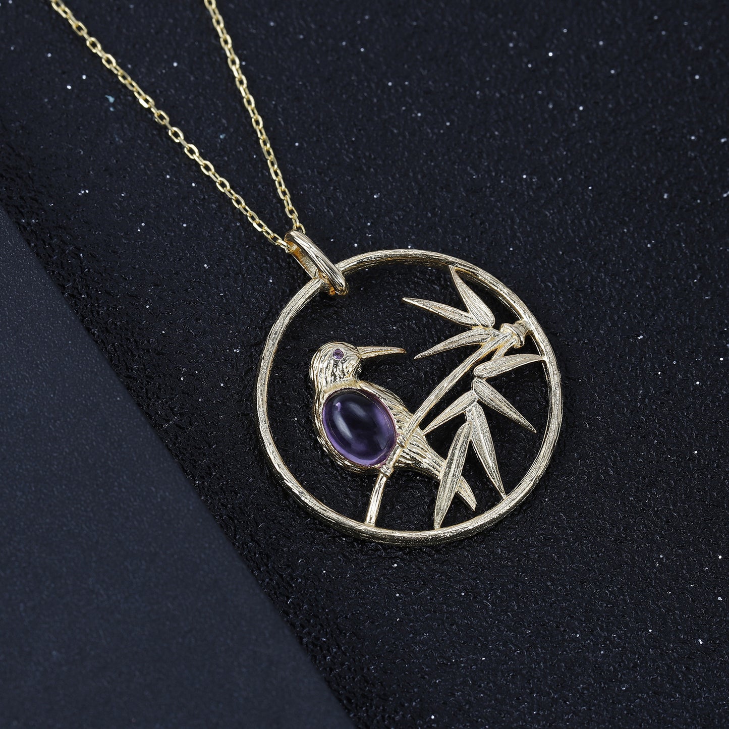 Premium Design Natural Amethyst Bird Circle Pendant Silver Necklace for Women