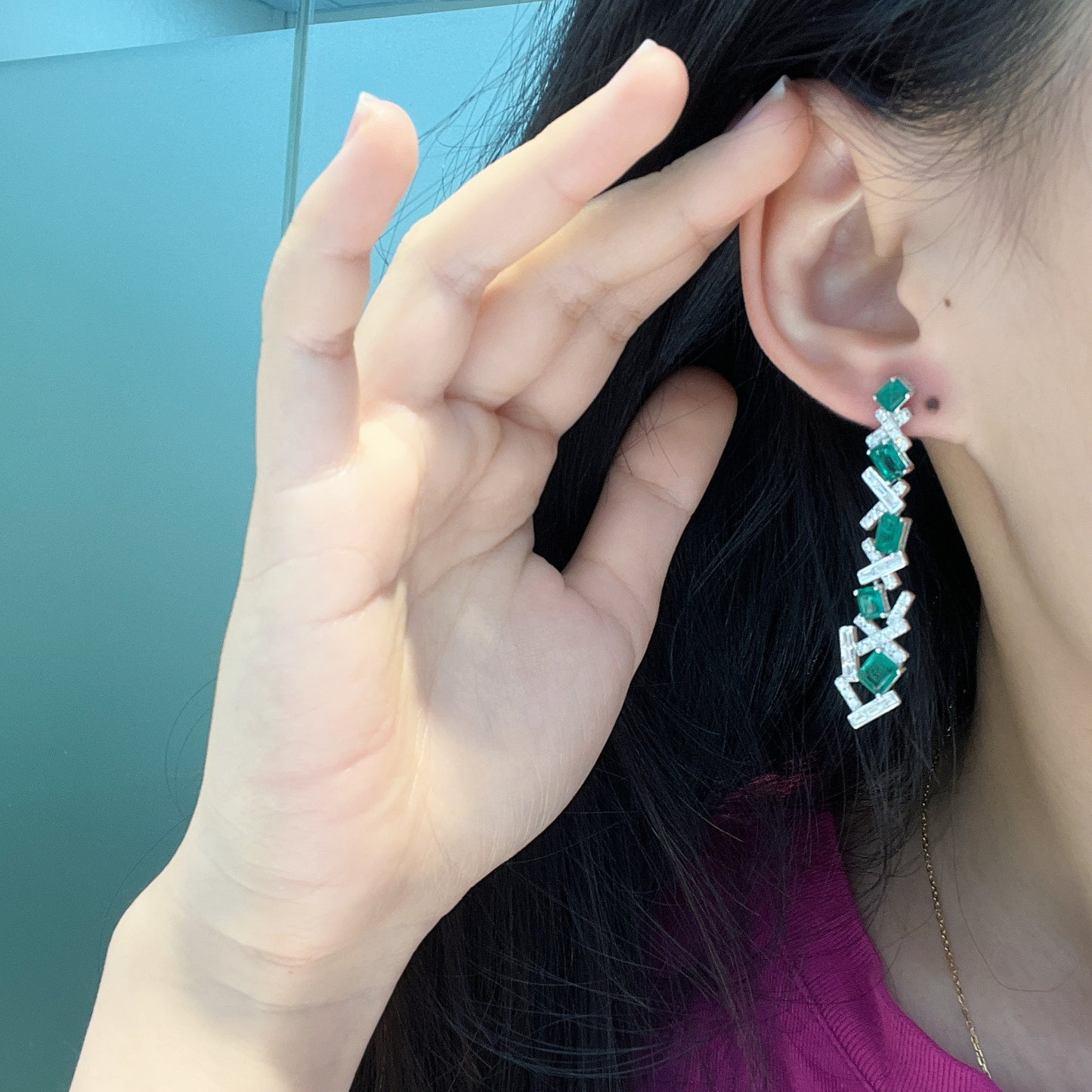 Lab-Created Emerald Irregular Splicing Silver Drop Earrings for Women