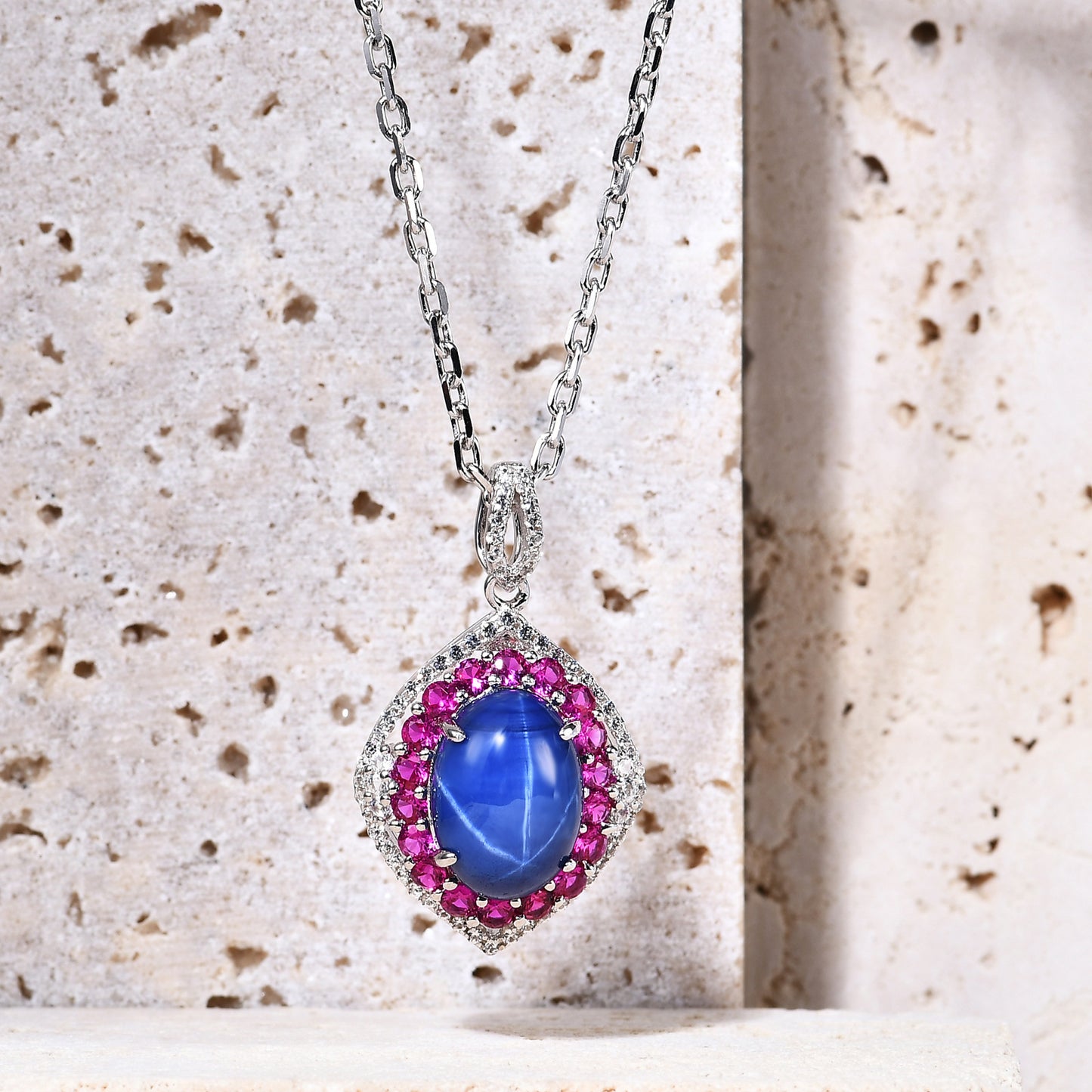 European Fashion Luxury Jewelry Design Six Starlight Surround Inlay Colourful Gemstone with Synthetic Gemstone Soleste Halo Oval Pendant Silver Necklace for Women