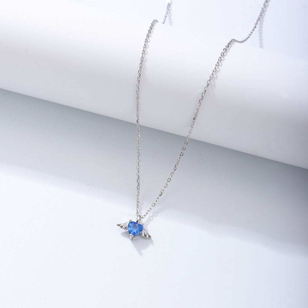 Blue Heart Zircon with Angel Wings Pendant Silver Necklace for Women