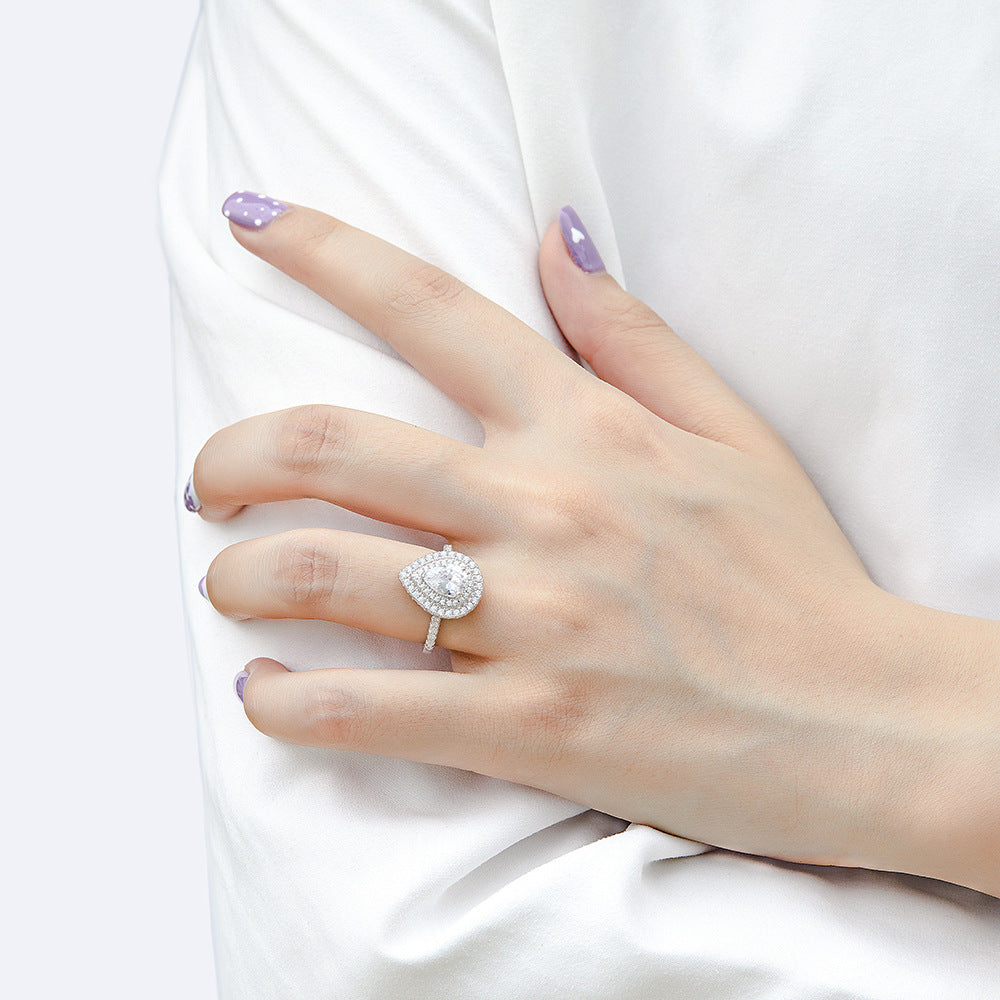 Pear Drop Zircon Double Soleste Halo Silver Ring