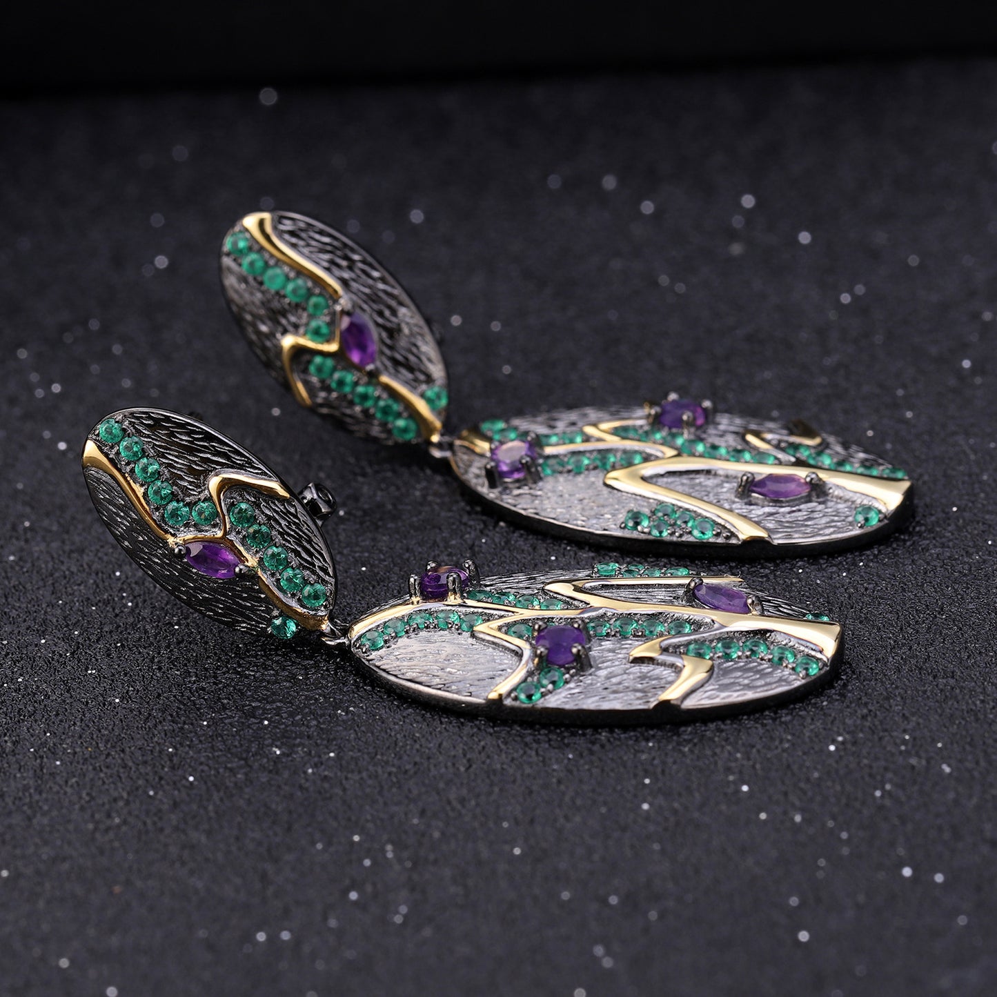 Italian Style Inlaid Natural Amethyst Tree Oval Shape Silver Drop Earrings for Women