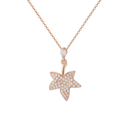 Zircon Maple Leaves Pendant Silver Necklace  for Women