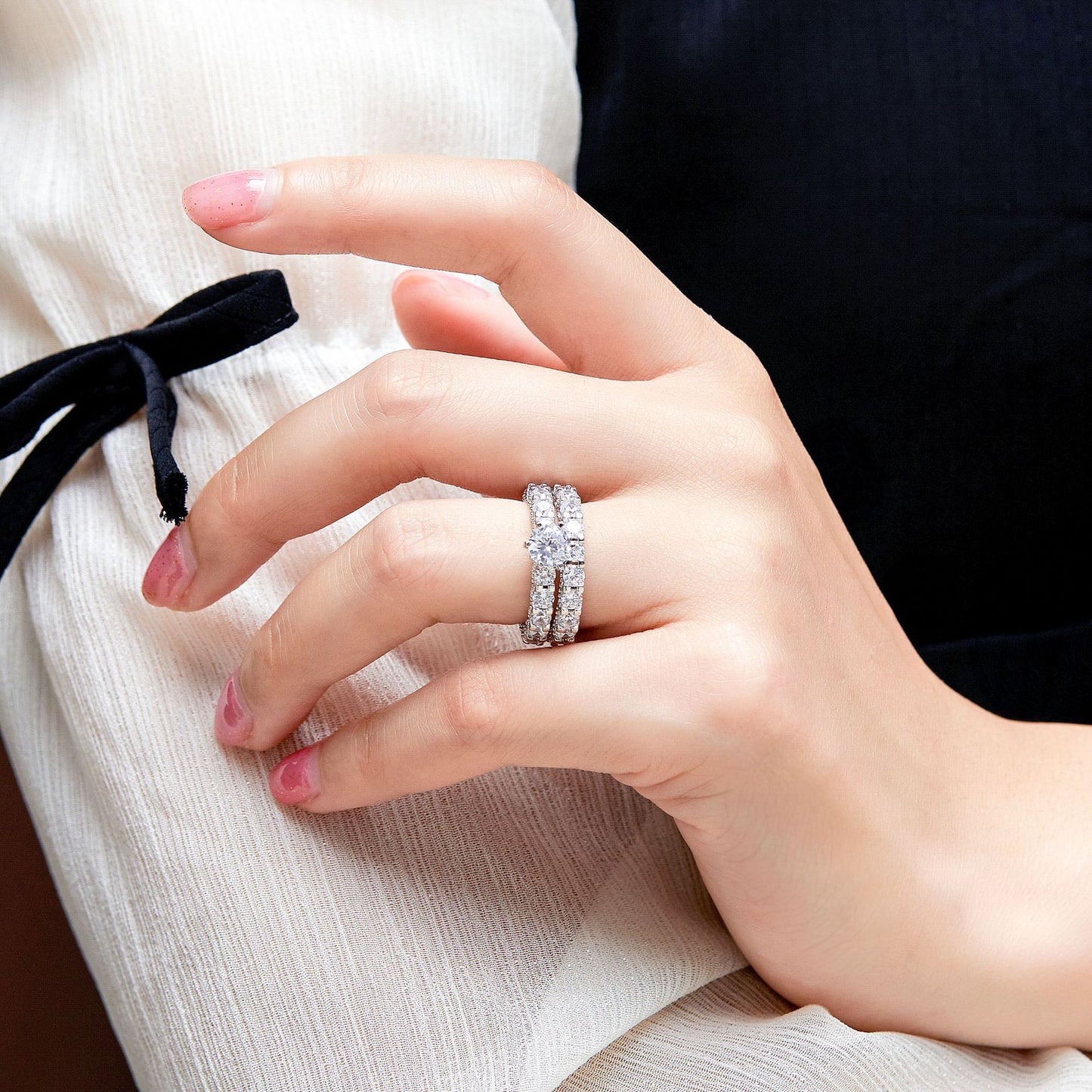 Round Zircon with Beading Oval Zircon Silver Ring Set