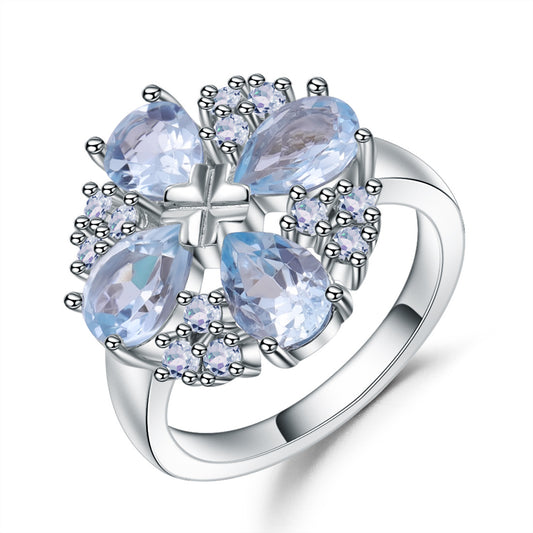 Fashion Luxury Design Inlaid Natural Topaz Clover Silver Ring for Women