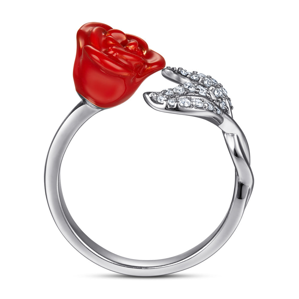Rose with Zircon Silver Ring