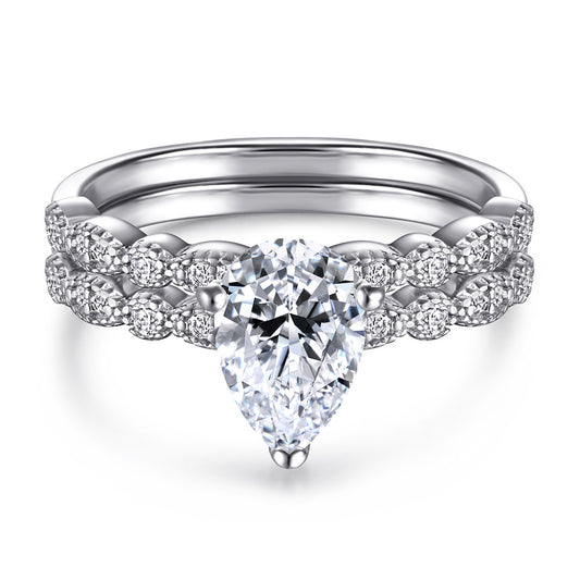 Pear Drop Zircon Solitaire with Beading Silver Ring Set