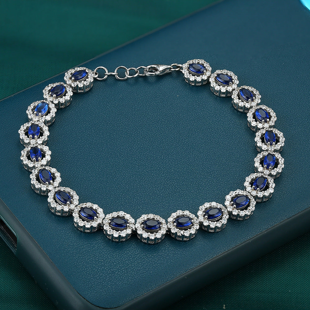 Blue Zircon Soleste Halo Beading Silver Bracelet for Women