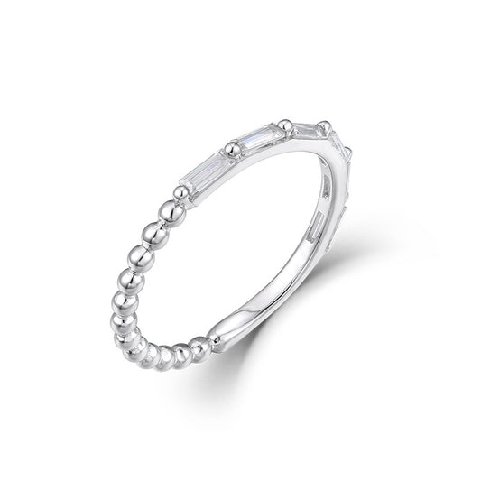 Half Circle Baguette Cut Zircon Beaded Silver Ring for Women