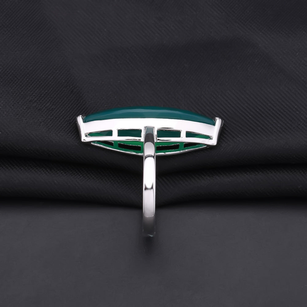 European and American Fashion Inlaid Horse Eye Natural Green Agate S925 Sterling Silver Ring for Women