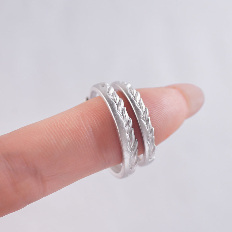 Wheat Ears Leaf Sandblasted Texture Silver Couple Ring