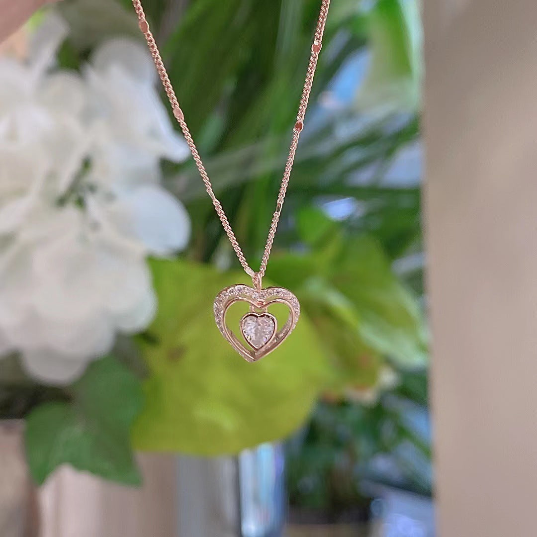 Hollow Heart with Heart-shaped Zircon Pendant Silver Necklace for Women