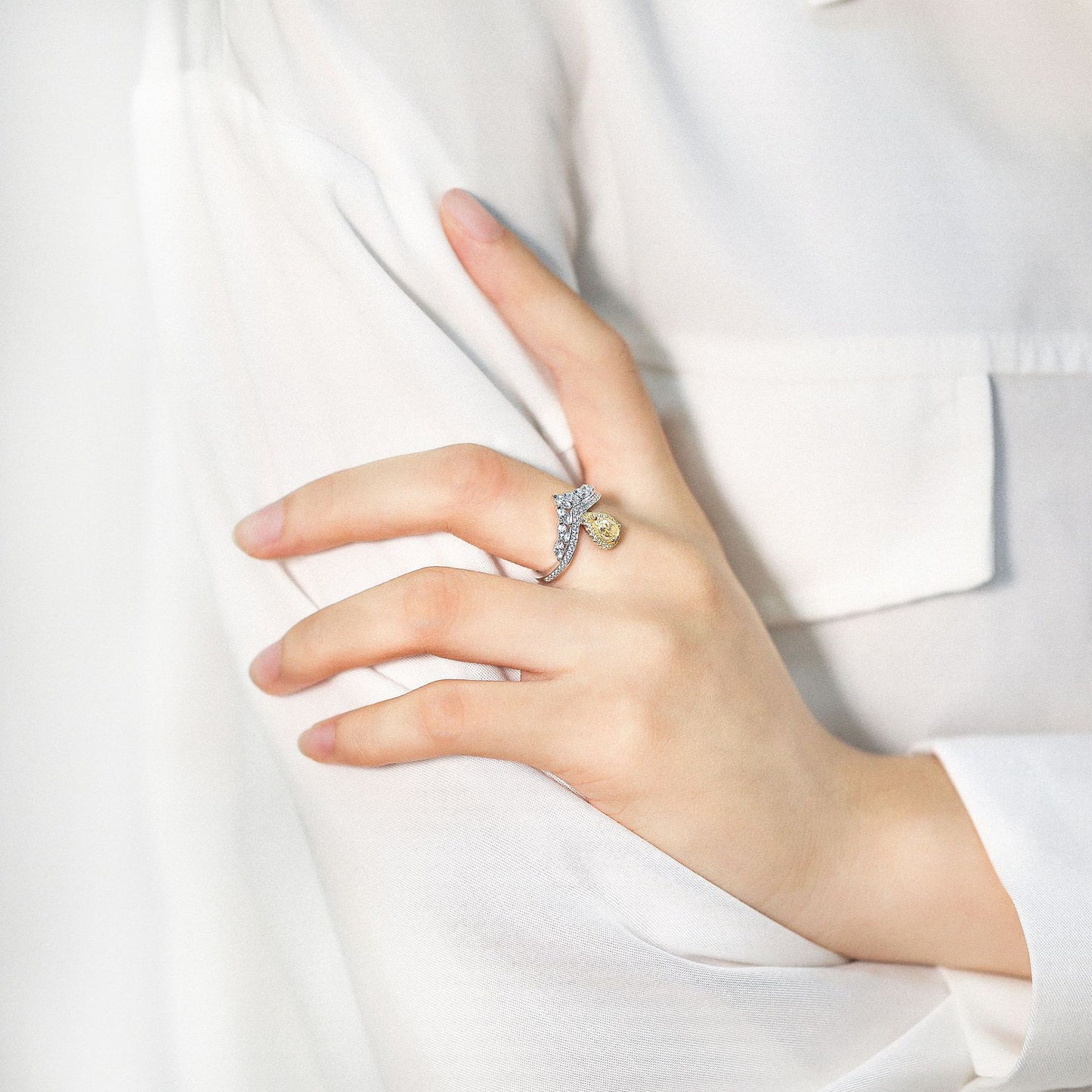 Pear Drop Yellow Zircon with Soleste Halo V-shape Silver Ring