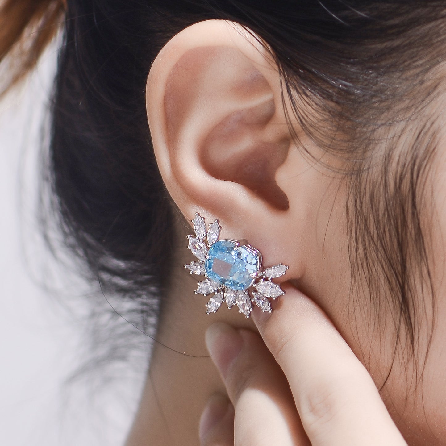 Blue Zircon 9*11mm Rectangle Ice Cut Half Annular Petals Silver Studs Earrings for Women