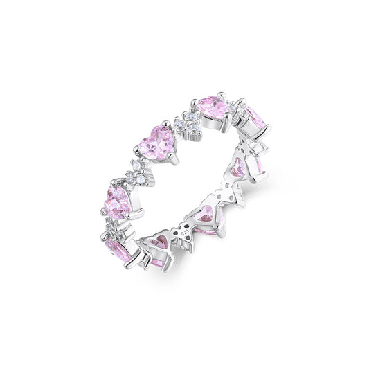 Full Circle Heart-shape Pink Zircon Silver Ring for Women