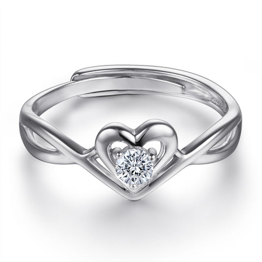 Hollow Heart with Round Zircon Modern Split Shank Silver Ring for Women