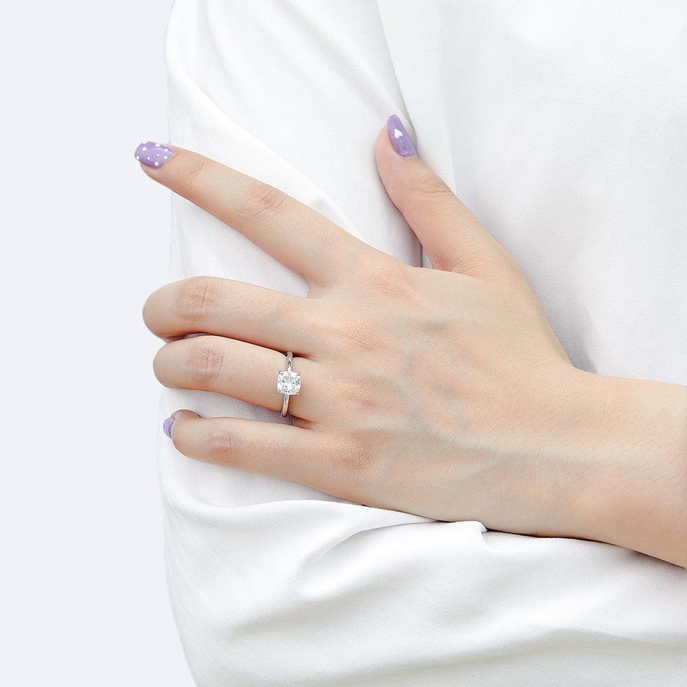 Cushion Cut Zircon Four Prongs Solitaire Silver Ring