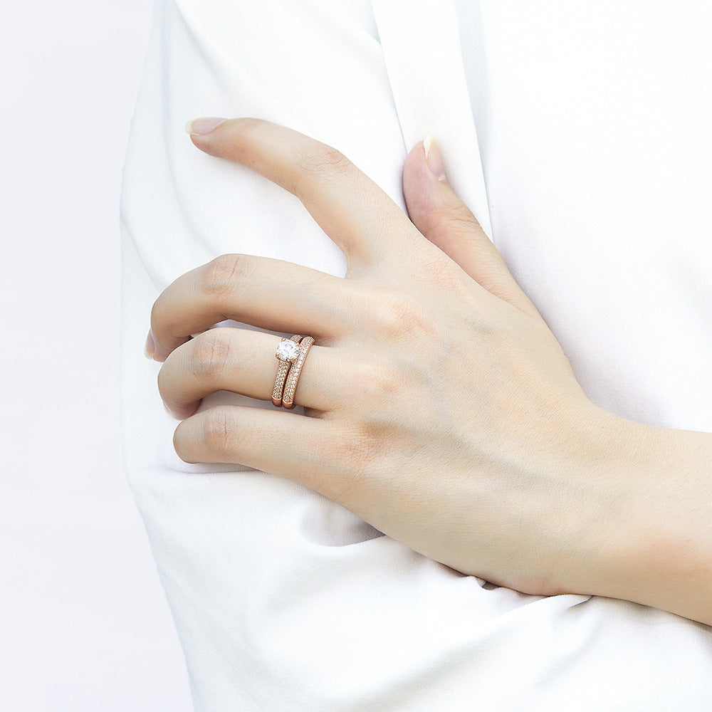 Round Zircon Four Prongs Cathedral Silver Ring Set