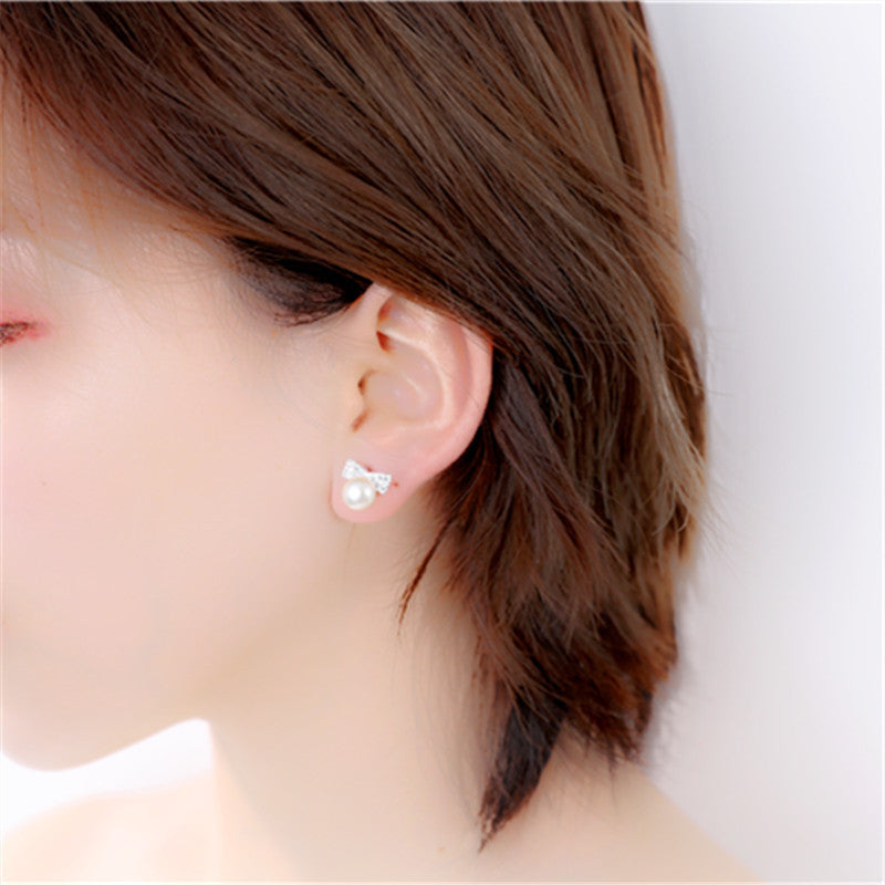 Bow with Pearl Bead Silver Studs Earrings for Women
