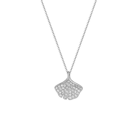 Zircon Ginkgo Leaf Pendant Silver Necklace for Women